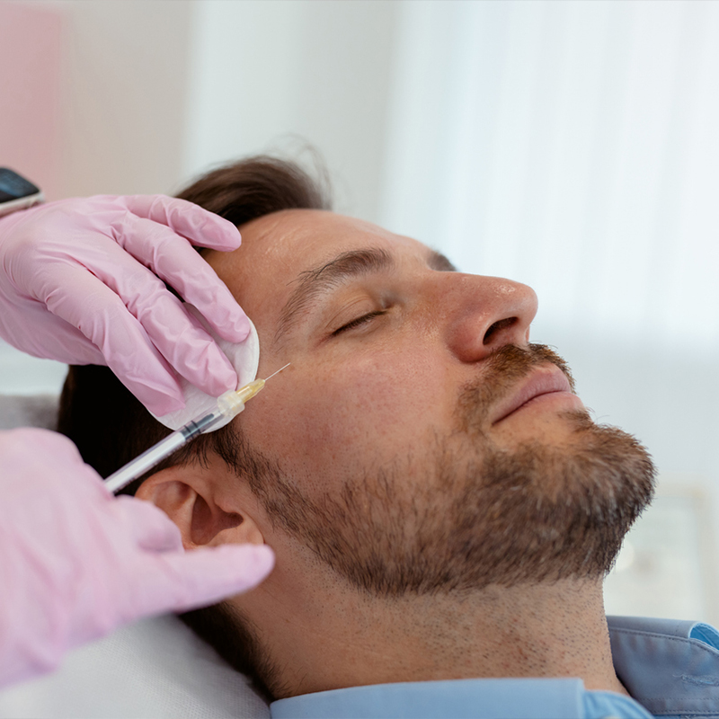 Man receiving facial injection by healthcare professional wearing pink gloves.